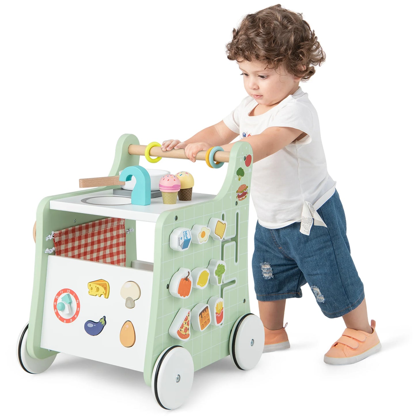 6-In-1 Baby Push Walker Wooden Strollers Learning Activity Center Toy with Kitchen 12+ Months+