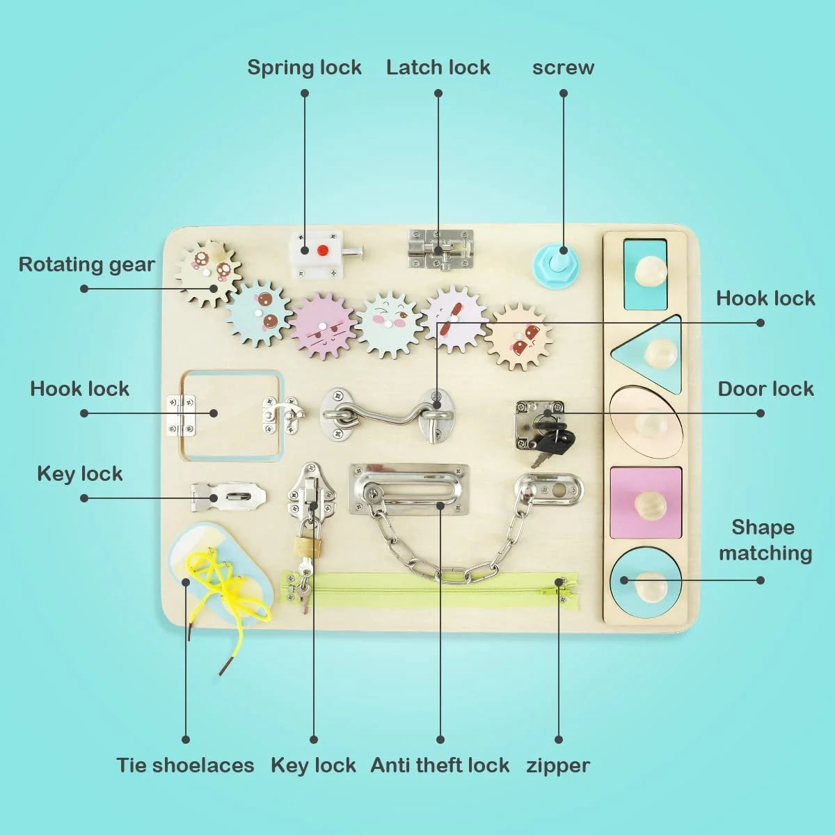 Wooden Busy Board for Toddlers Montessori Sensory Toy Toddler Sensory Board Locks Latches Board Preschool Educational Learning Toy with Lacing Sorter Gears Zipper Lock