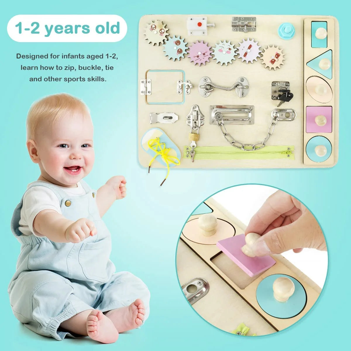 Wooden Busy Board for Toddlers Montessori Sensory Toy Toddler Sensory Board Locks Latches Board Preschool Educational Learning Toy with Lacing Sorter Gears Zipper Lock
