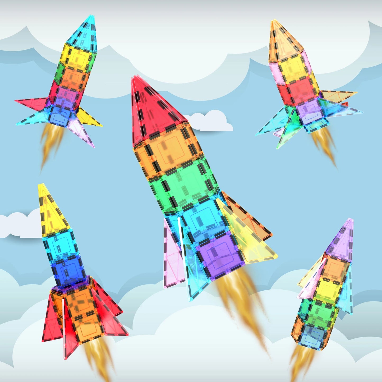 PICASSO-TILES Magnetic Tiles for Kids, 32PCS Rocket Theme Construction STEM Building Blocks Educational Toy