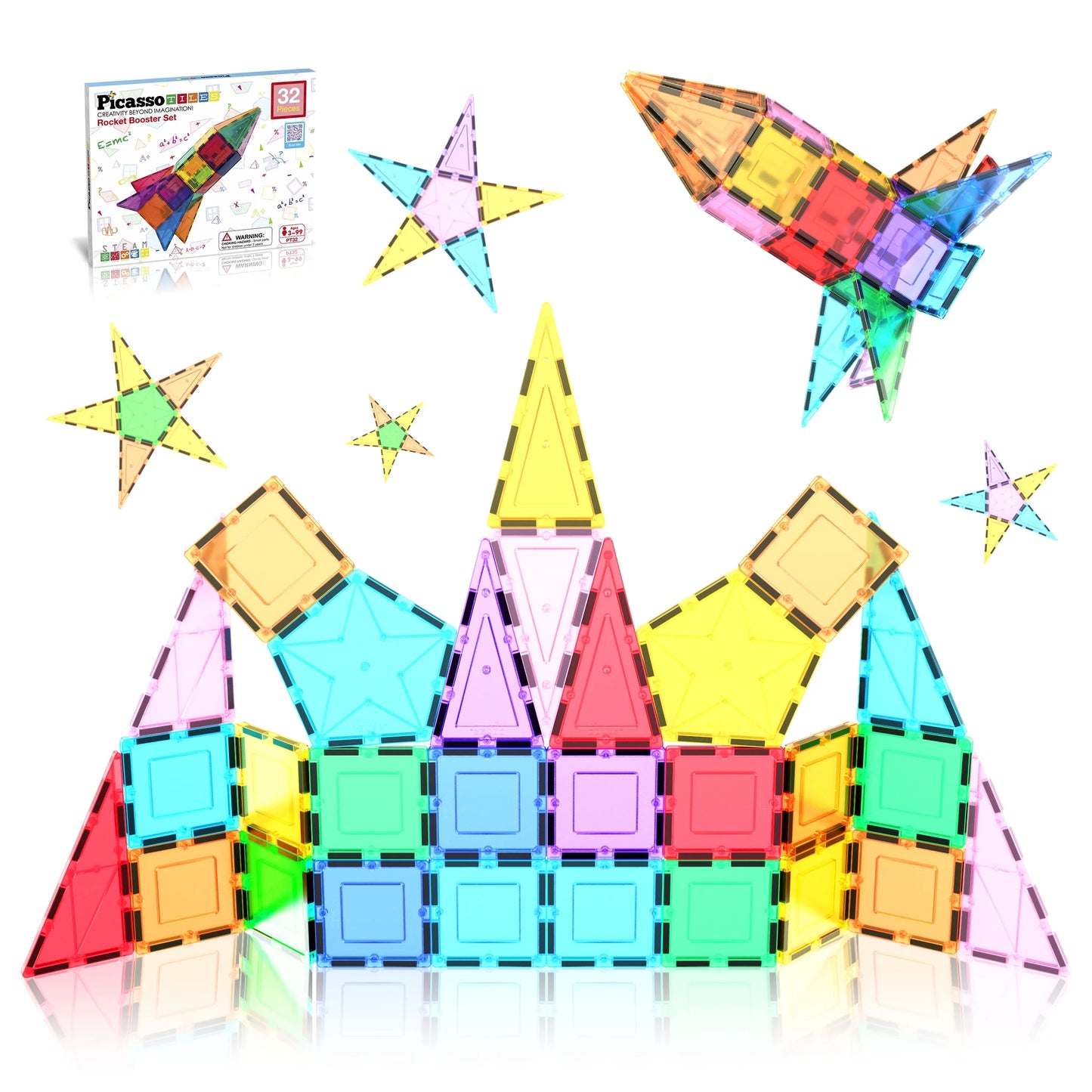 PICASSO-TILES Magnetic Tiles for Kids, 32PCS Rocket Theme Construction STEM Building Blocks Educational Toy