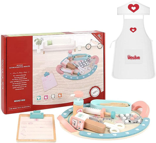 Wooden Doctor Kit for Kids, Doctor Nurse Playset Toy Medical Kits, Educational Pretend Play Toys with Doctor Nurse Apron Costume and Cap for Kids Boys Girls