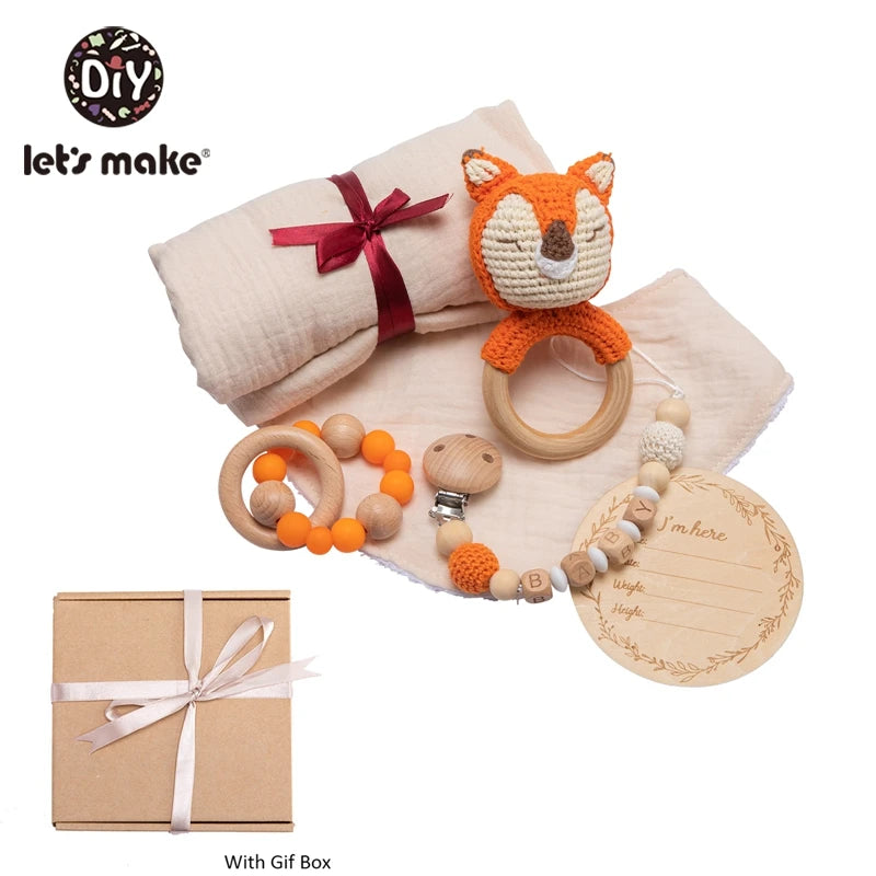 Baby Towel Bath Set Gift Box Cotton Blankets Newborn Milestone Cards Wooden Ring Rabbit Rattle Infant Brush for Baby Birth Gift