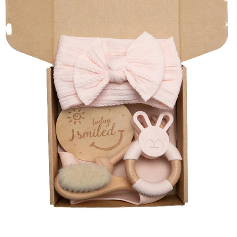 Baby Towel Bath Set Gift Box Cotton Blankets Newborn Milestone Cards Wooden Ring Rabbit Rattle Infant Brush for Baby Birth Gift