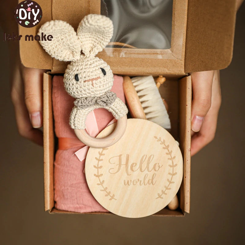 Baby Towel Bath Set Gift Box Cotton Blankets Newborn Milestone Cards Wooden Ring Rabbit Rattle Infant Brush for Baby Birth Gift