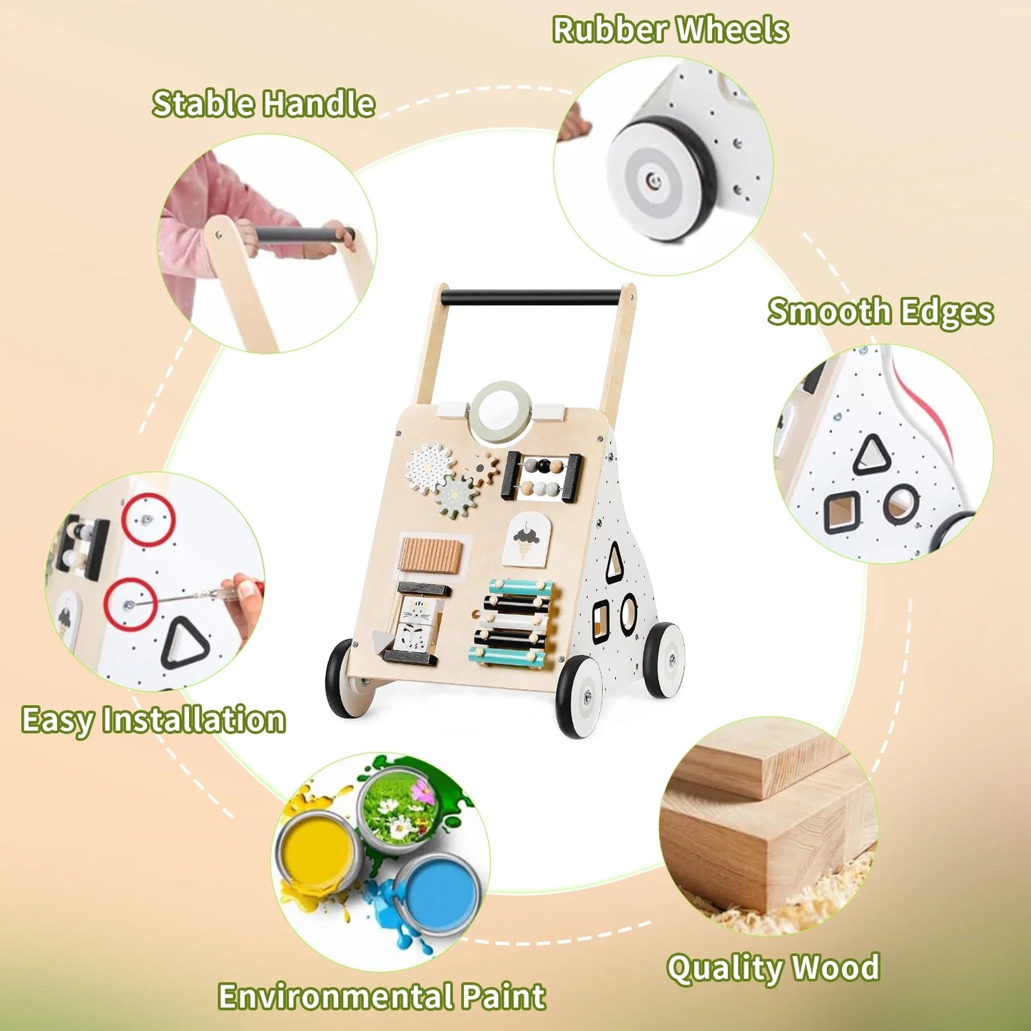 Wooden Baby Push Walker,  9 in 1 Baby Learning Walking Toys with Wheels for 1 Year Old Up, Develops Motor Skills and Stimulates Creativity, Todler Walker for Boys and Girls
