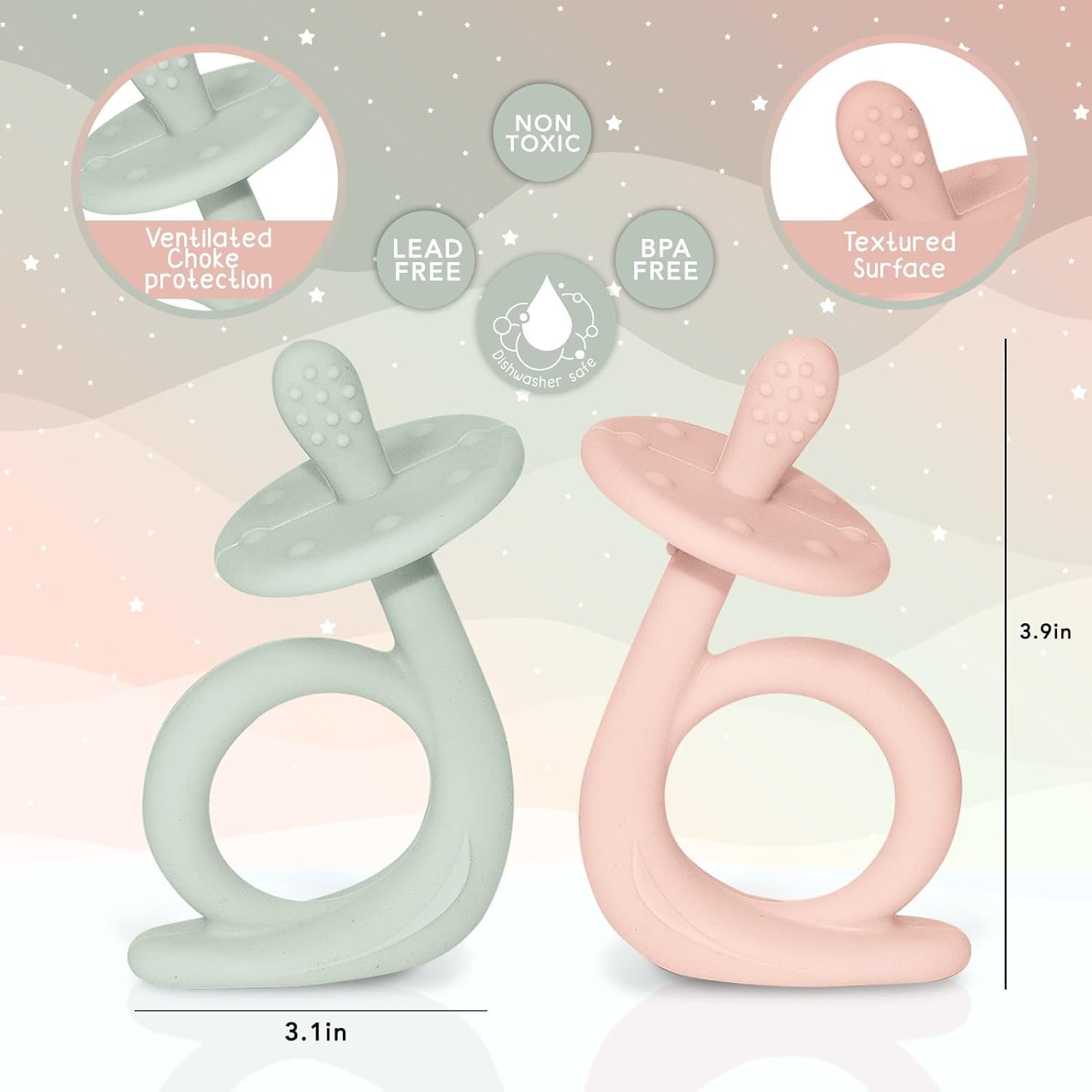 Baby Teething Toys, Silicone Baby Teether Chew Toys Freezer Safe BPA Free, Soothe Babies Gums - Rose Quartz/Lite Green