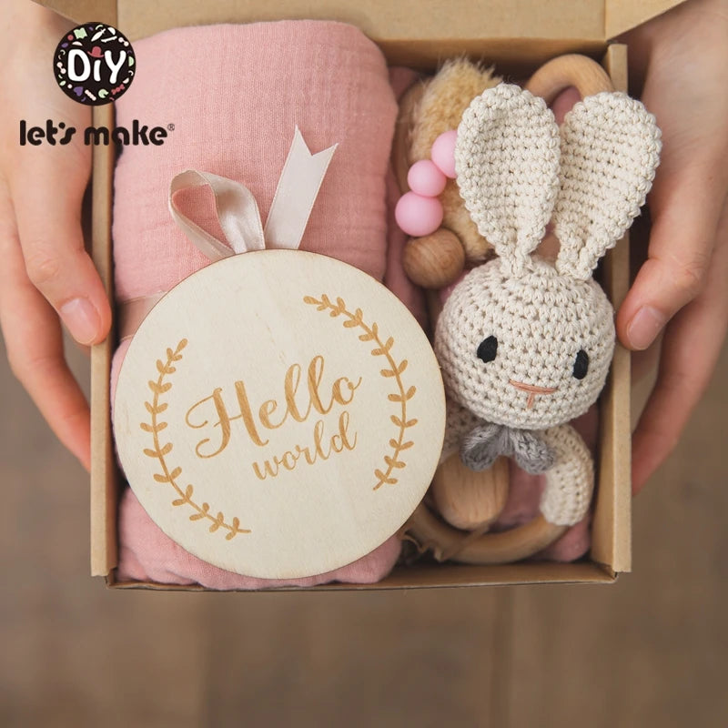 Baby Towel Bath Set Gift Box Cotton Blankets Newborn Milestone Cards Wooden Ring Rabbit Rattle Infant Brush for Baby Birth Gift