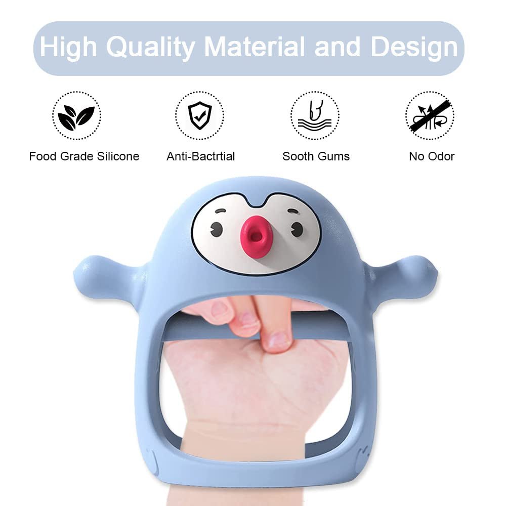 Baby Teething Toys for 0-6Months, Teethers for Babies 3-6Months | Penguin Teether | Hand Teether |Teething Mittens for Teething Relief, Baby Pacifier |New Born Essentials, Light Blue