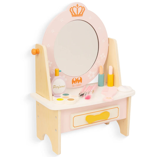 Wooden Vanity Set for Kids, Pretend Play Toddler Makeup Vanity Table Toys with 360° Rotatable Mirror, Beauty Salon Set Includes Makeup Accessories, Little Girls Gift Age 3+