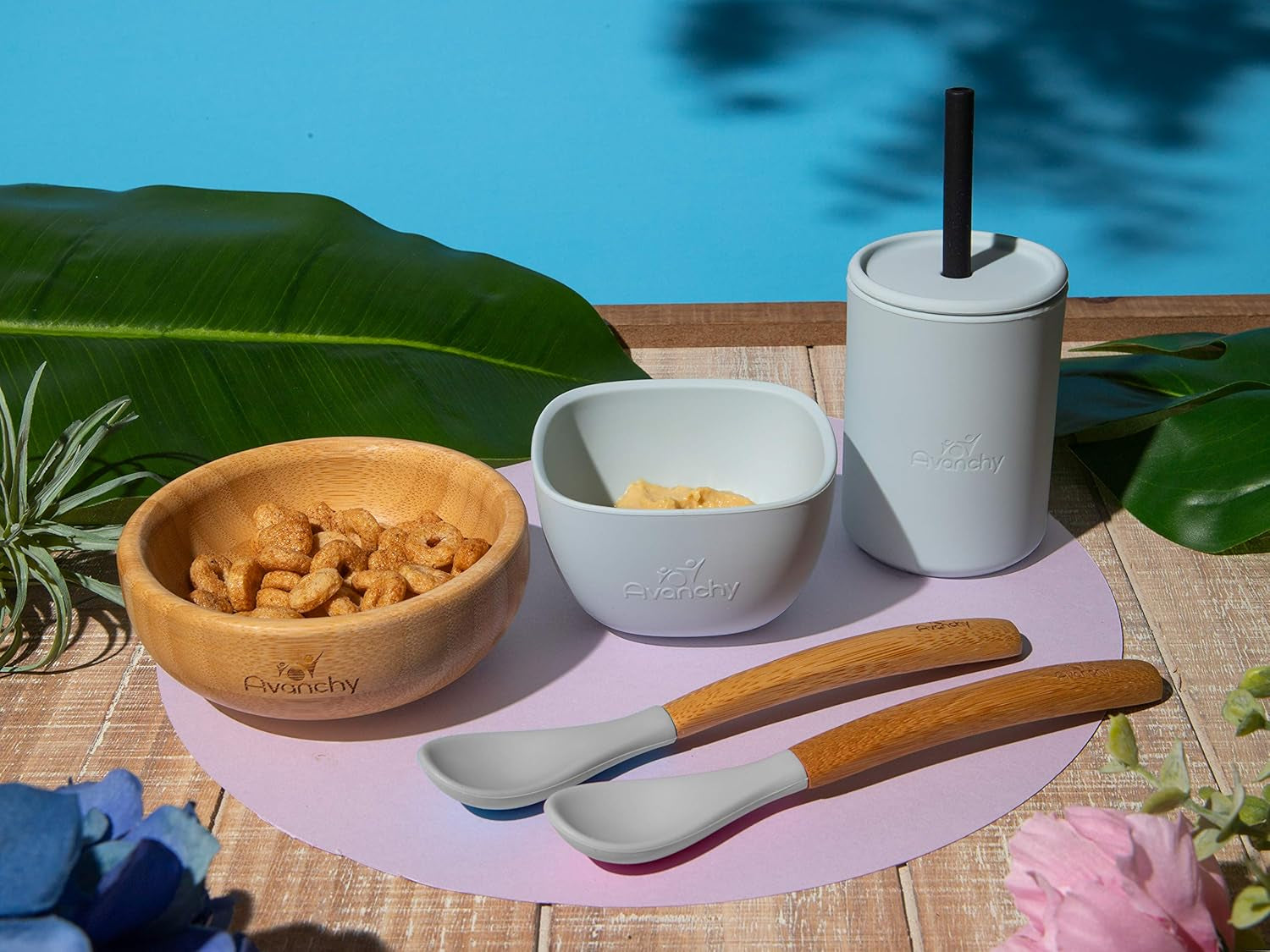 Bamboo La Petite Family Collections Gift Set Black - Includes Mini Bamboo Bowl, Silicone Bowl, Silicone Cup, and Bamboo Baby and Infant Spoons - Baby Dishes Set - Baby Shower Gifts