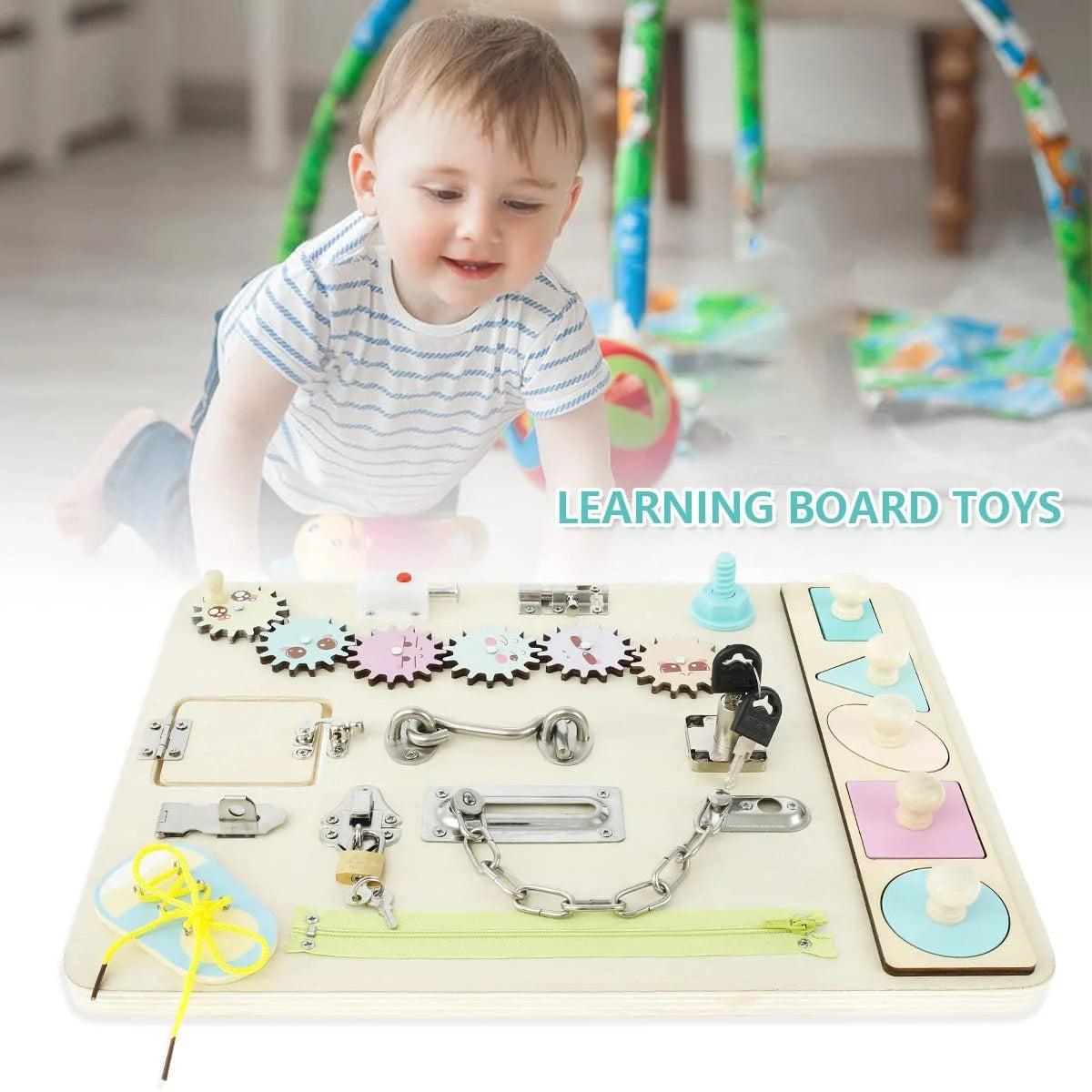 Wooden Busy Board for Toddlers Montessori Sensory Toy Toddler Sensory Board Locks Latches Board Preschool Educational Learning Toy with Lacing Sorter Gears Zipper Lock