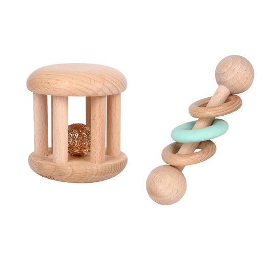 Wooden Baby Toys Wooden Rattle Toys, Baby Starter Toys Baby Grasping Bells Teething Toys, Baby Crawling Toys, Newborn Toys Gifts (Green)