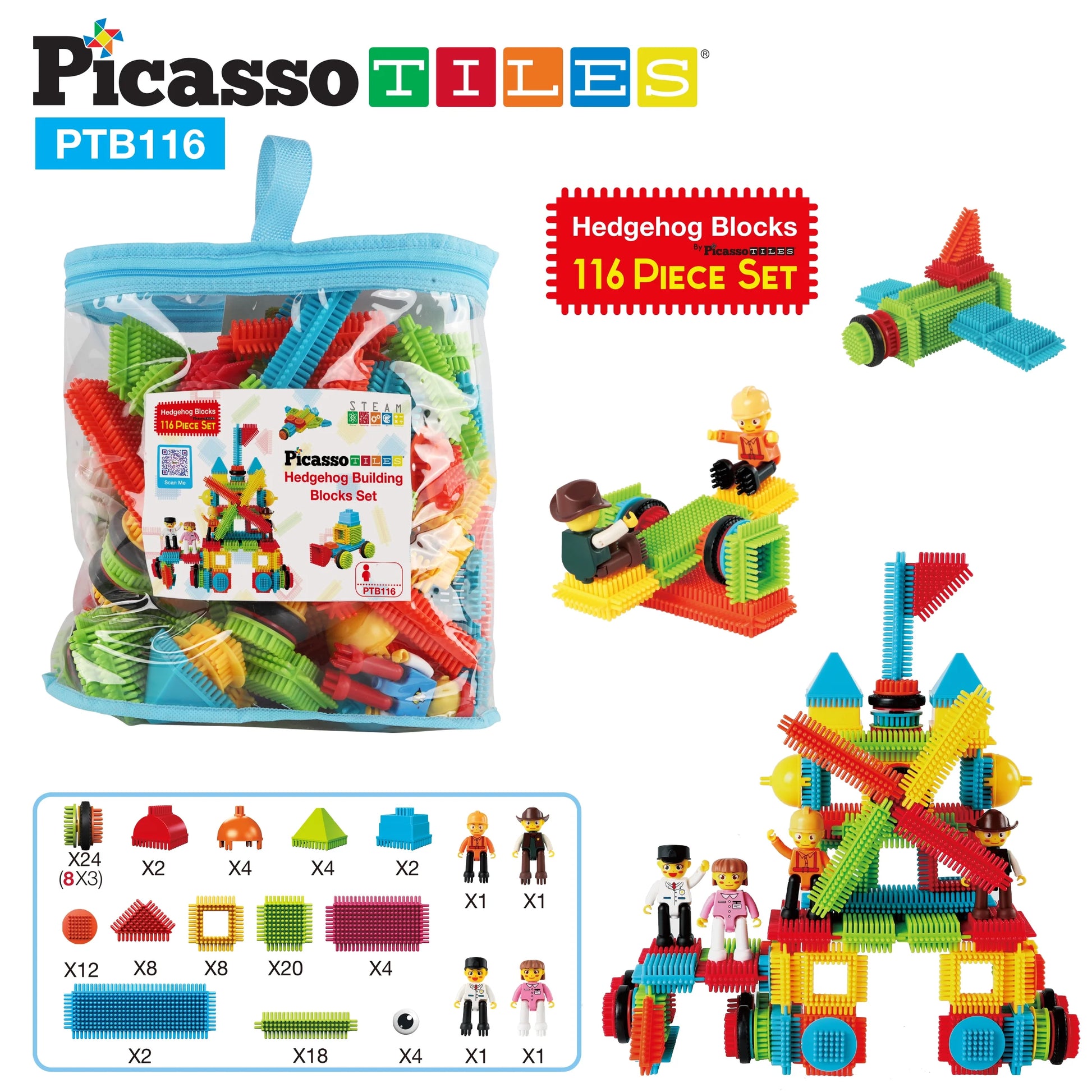 PICASSO-TILES Magnetic Tiles for Kids, 116PCS Hedgehog Playset, Construction STEM Building Blocks Educational Toy
