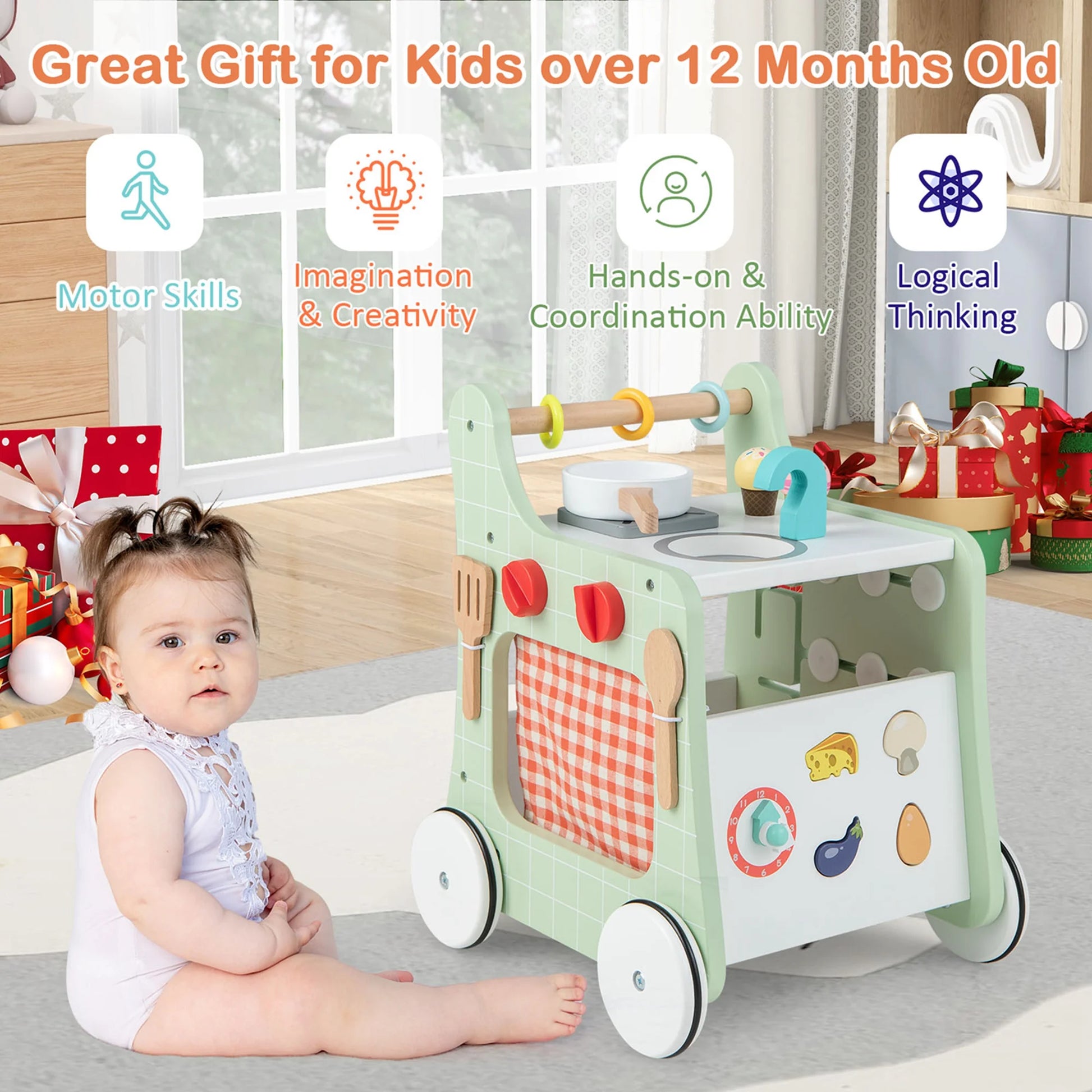 6-In-1 Baby Push Walker Wooden Strollers Learning Activity Center Toy with Kitchen 12+ Months+