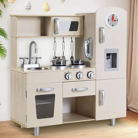 Play Kitchen for Kids, Wooden Kitchen Playset Toddler Interactive Toy with Sounds & Lights, Telephone, Water Dispenser & Cookware Accessories