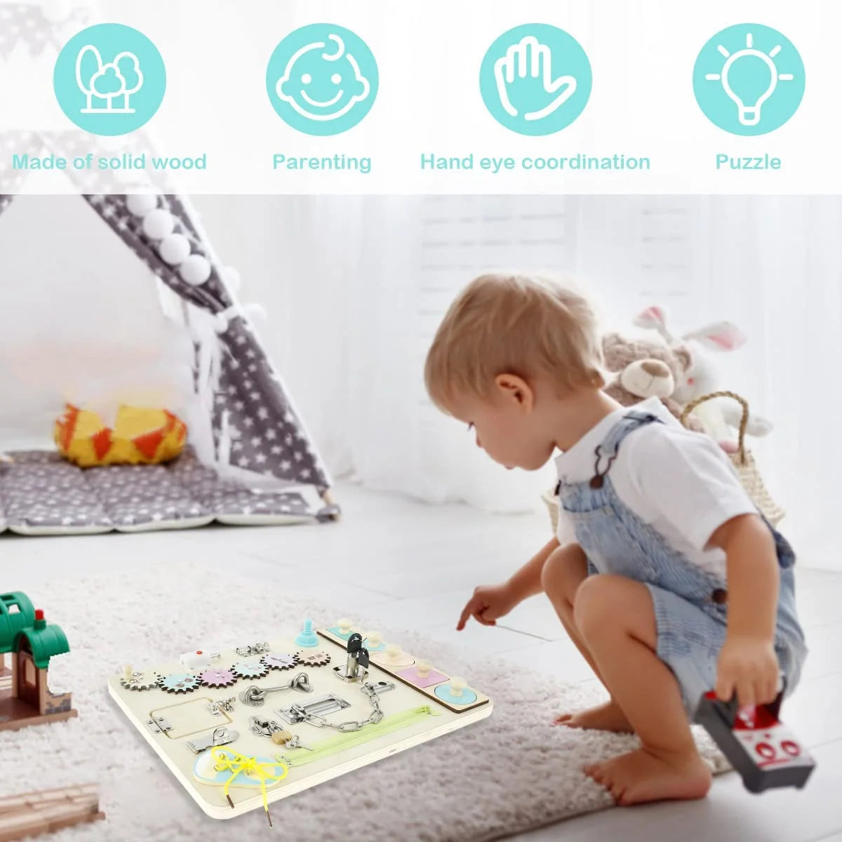 Wooden Busy Board for Toddlers Montessori Sensory Toy Toddler Sensory Board Locks Latches Board Preschool Educational Learning Toy with Lacing Sorter Gears Zipper Lock