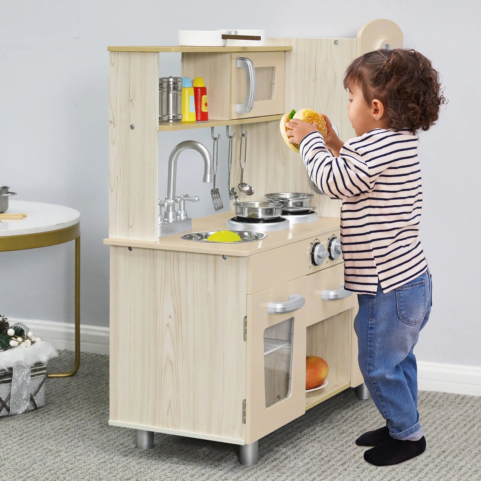 Play Kitchen for Kids, Wooden Kitchen Playset Toddler Interactive Toy with Sounds & Lights, Telephone, Water Dispenser & Cookware Accessories