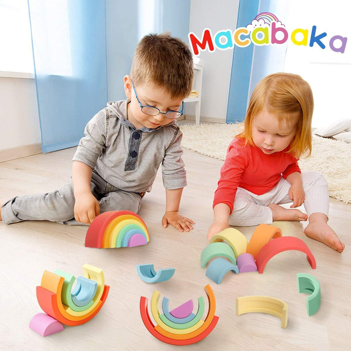 Rainbow Stacker Toys 6Pcs Building Blocks Set Silicone Stacking Toy Early Matching Educational Montessori Toys , Orange Series
