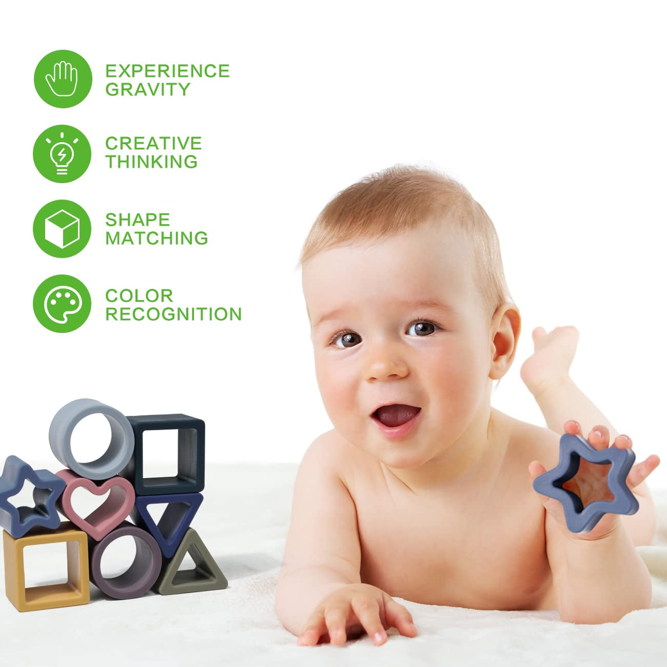 Baby Silicone Shape Puzzle & Teething Toys, Stacking Blocks Montessori Toys for 3M+ Babies, Bpa-Free. Starlight