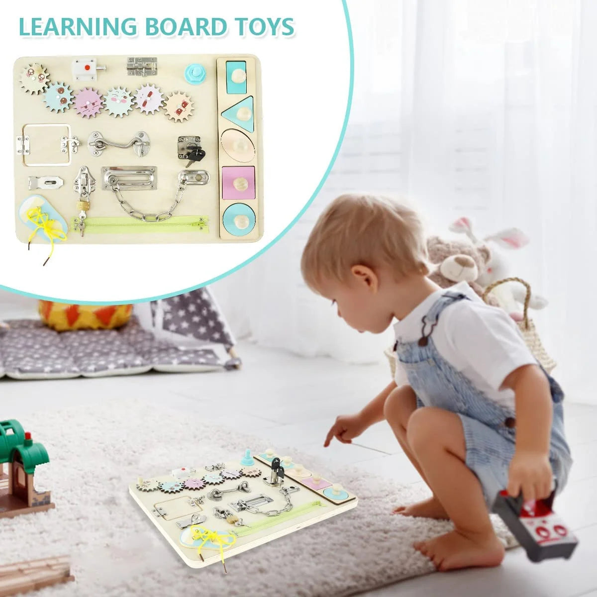 Wooden Busy Board for Toddlers Montessori Sensory Toy Toddler Sensory Board Locks Latches Board Preschool Educational Learning Toy with Lacing Sorter Gears Zipper Lock