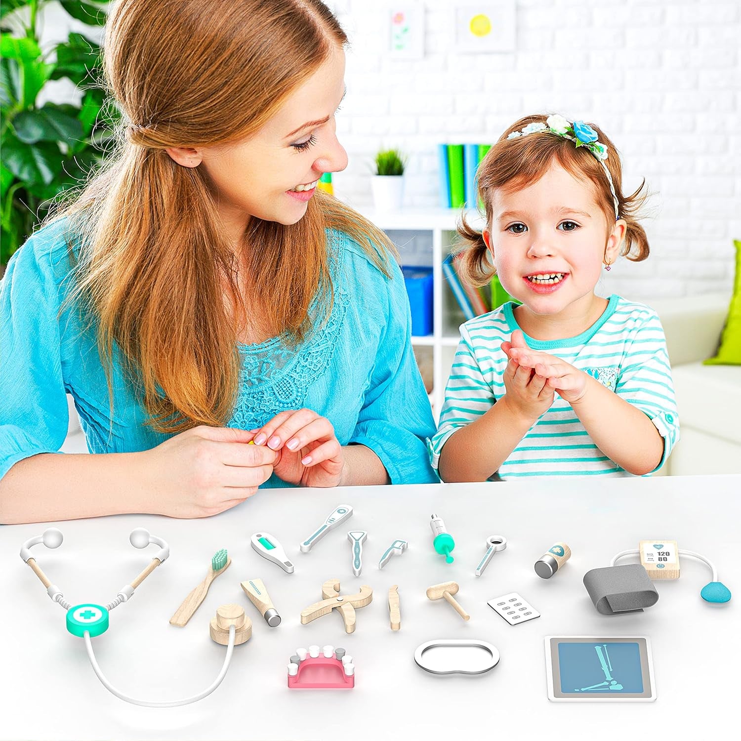 Liphontcta Looden Doctor Toy Playset,18-Pcs Dentist Toolbox Medical Kit Garden Sculpture Outdoor Decoration