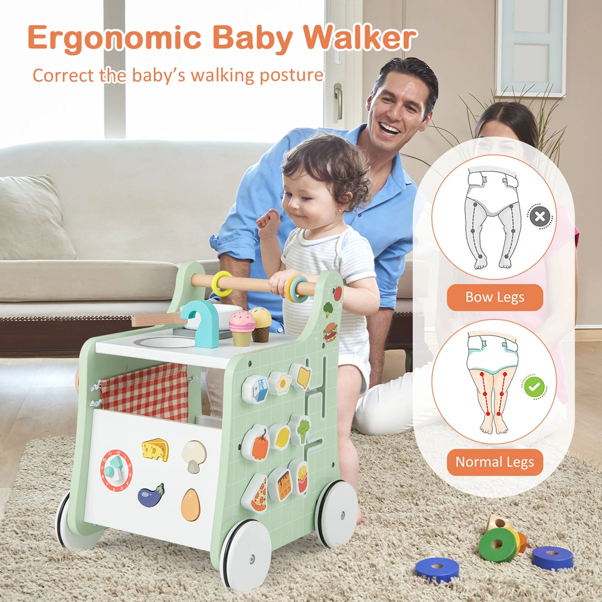 6-In-1 Baby Push Walker Wooden Strollers Learning Activity Center Toy with Kitchen 12+ Months+