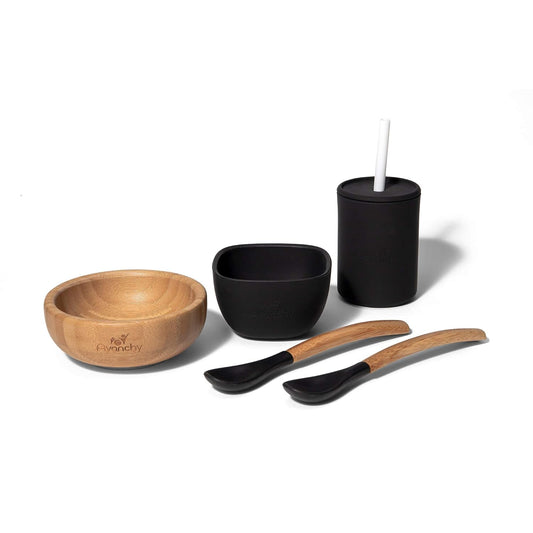 Bamboo La Petite Family Collections Gift Set Black - Includes Mini Bamboo Bowl, Silicone Bowl, Silicone Cup, and Bamboo Baby and Infant Spoons - Baby Dishes Set - Baby Shower Gifts