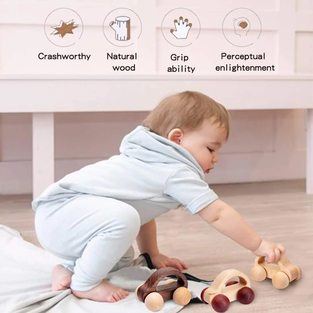 Organic Baby Push Car Wooden Toys 2Pc Wood Car and Fine Movement Development and Infant Grasping Montessori Toys
