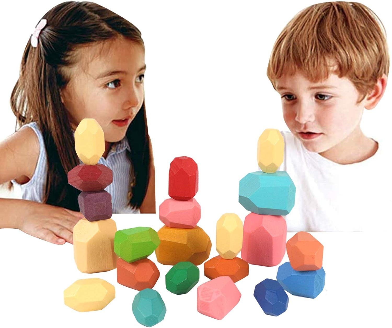 [Colourful/21Pcs] Wood Stone Stacking Blocks,Stacking Rocks, Colored Wooden Building Stacking Blocks Stones Balancing Game, Puzzle Stacking Toy Rock Blocks for Girls/Boys/Kids