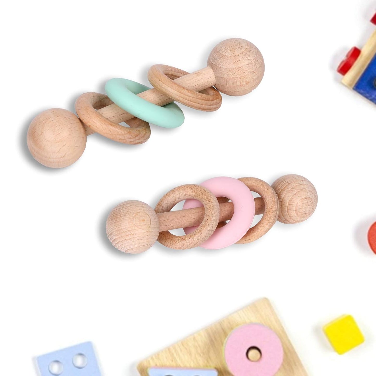 Wooden Baby Toys Wooden Rattle Toys, Baby Starter Toys Baby Grasping Bells Teething Toys, Baby Crawling Toys, Newborn Toys Gifts (Green)