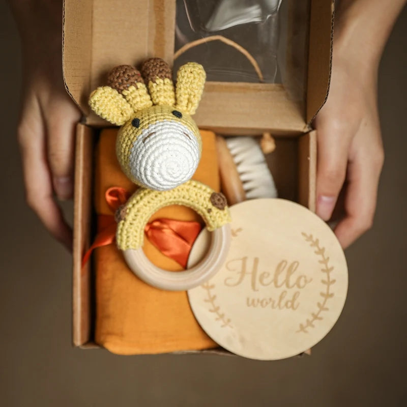 Baby Towel Bath Set Gift Box Cotton Blankets Newborn Milestone Cards Wooden Ring Rabbit Rattle Infant Brush for Baby Birth Gift