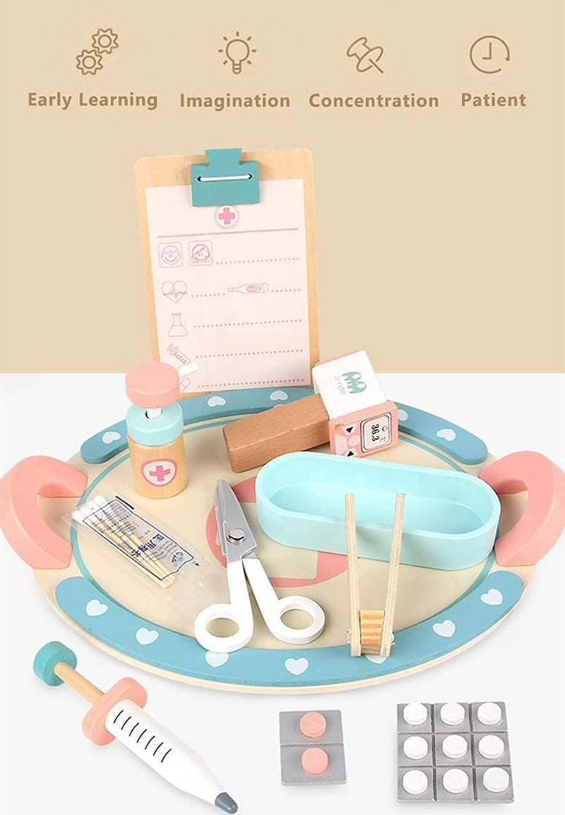 Wooden Doctor Kit for Kids, Doctor Nurse Playset Toy Medical Kits, Educational Pretend Play Toys with Doctor Nurse Apron Costume and Cap for Kids Boys Girls