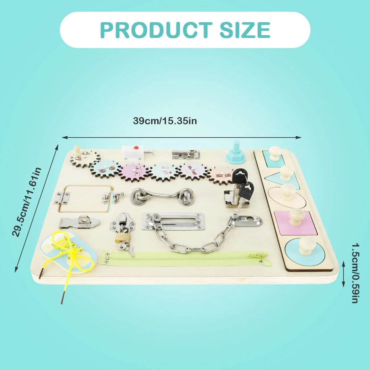 Wooden Busy Board for Toddlers Montessori Sensory Toy Toddler Sensory Board Locks Latches Board Preschool Educational Learning Toy with Lacing Sorter Gears Zipper Lock