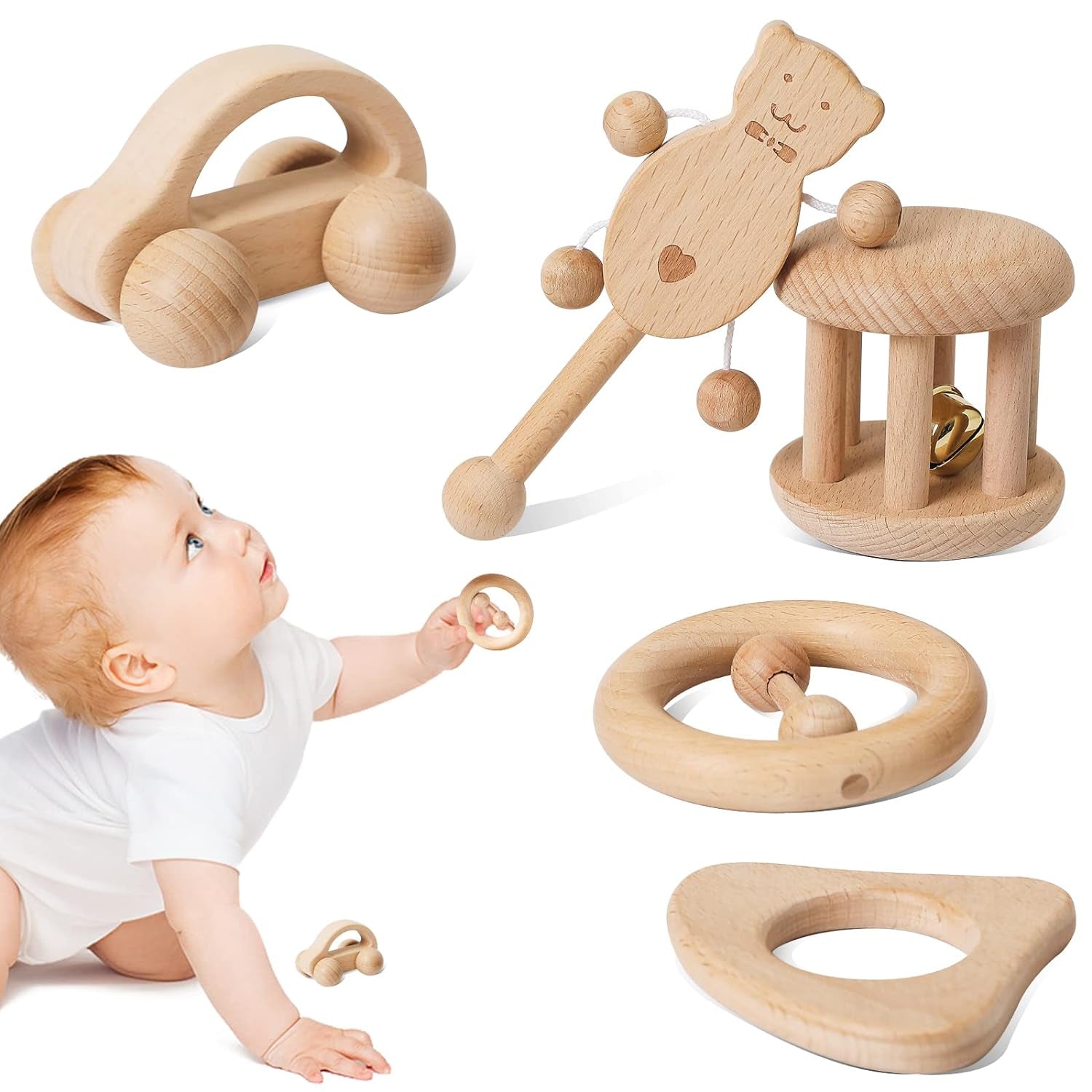 Puzzle Toys Montessori Rattle Set Infant Wooden Rattles Interesting Toy 5Pc Nursing Wooden Baby Toys