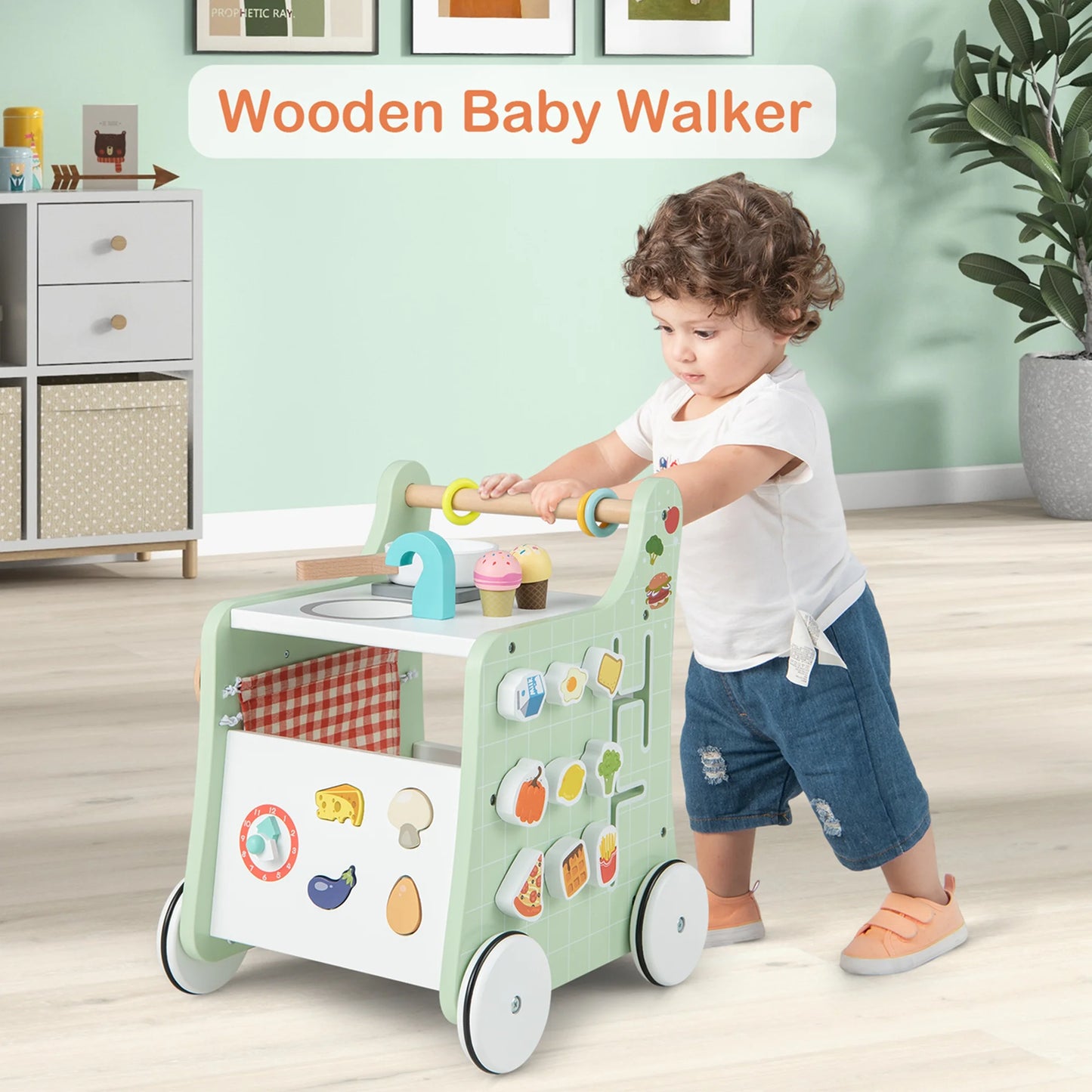 6-In-1 Baby Push Walker Wooden Strollers Learning Activity Center Toy with Kitchen 12+ Months+