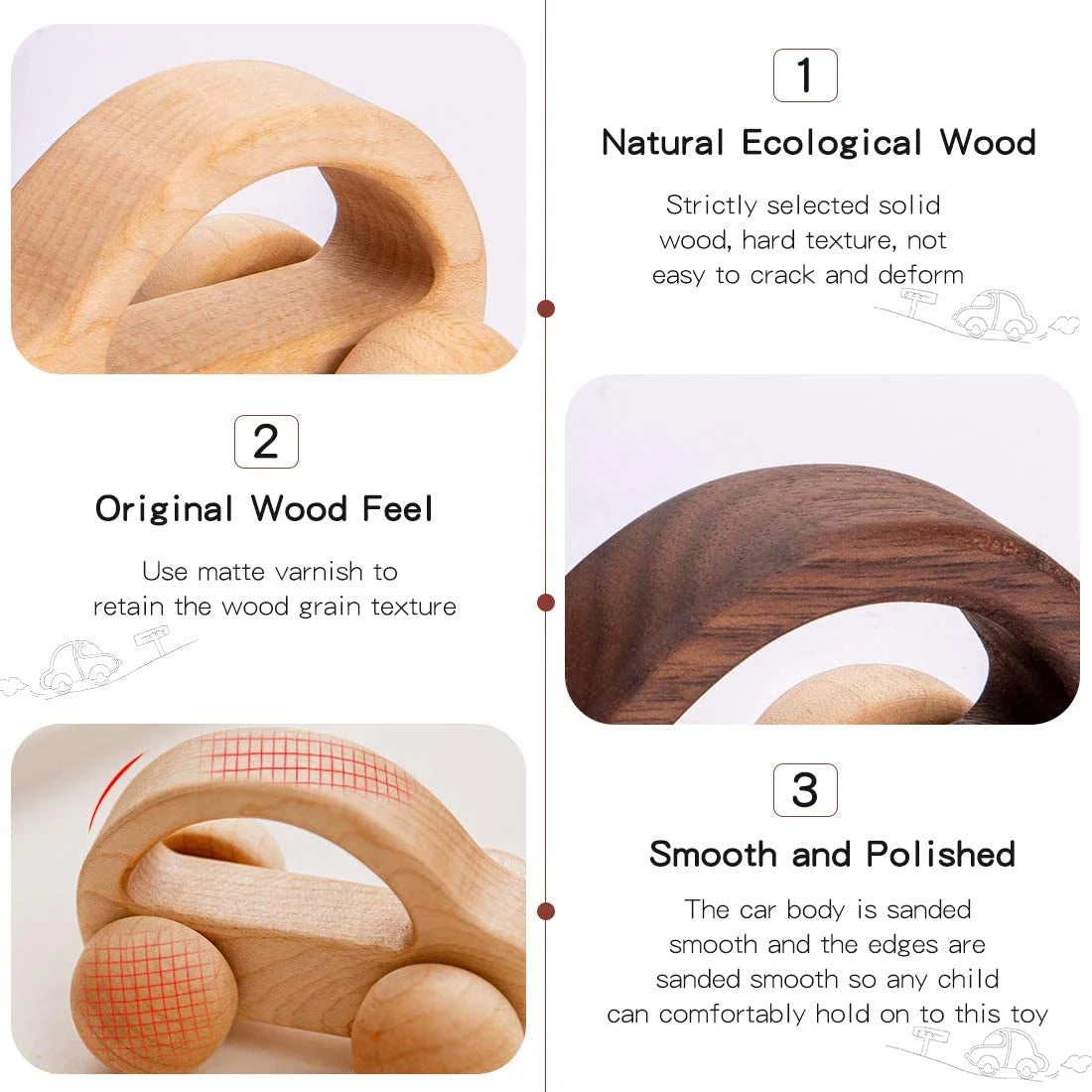 Organic Baby Push Car Wooden Toys 2Pc Wood Car and Fine Movement Development and Infant Grasping Montessori Toys