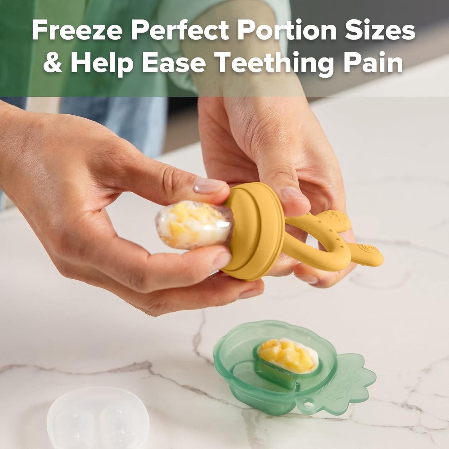 Baby Fruit Food Feeder & Mini Freezer Nibble Tray Combo, Breastmilk Popsicle Molds for Baby Cooling Relief, BPA Free Silicone Feeder for Safe Infant Self Feeding, 4 Month+ (Mustard)