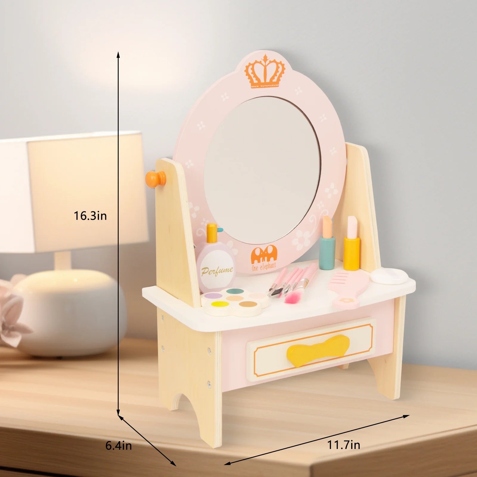 Wooden Vanity Set for Kids, Pretend Play Toddler Makeup Vanity Table Toys with 360° Rotatable Mirror, Beauty Salon Set Includes Makeup Accessories, Little Girls Gift Age 3+