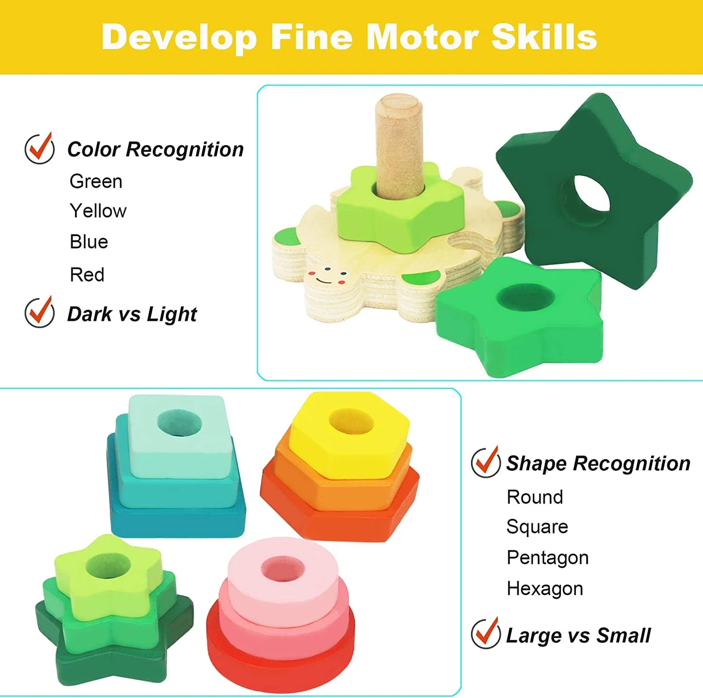 Stacking Toys for Toddlers 1-3 Montessori Shape Sorter Baby Toys 12-18 Months Wooden Block Educational Puzzle Toys for Kids Girls Boys 1 2 3 4 Year Old Preschool Learning Gifts