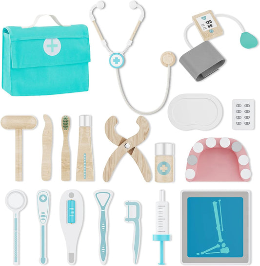 Liphontcta Looden Doctor Toy Playset,18-Pcs Dentist Toolbox Medical Kit Garden Sculpture Outdoor Decoration