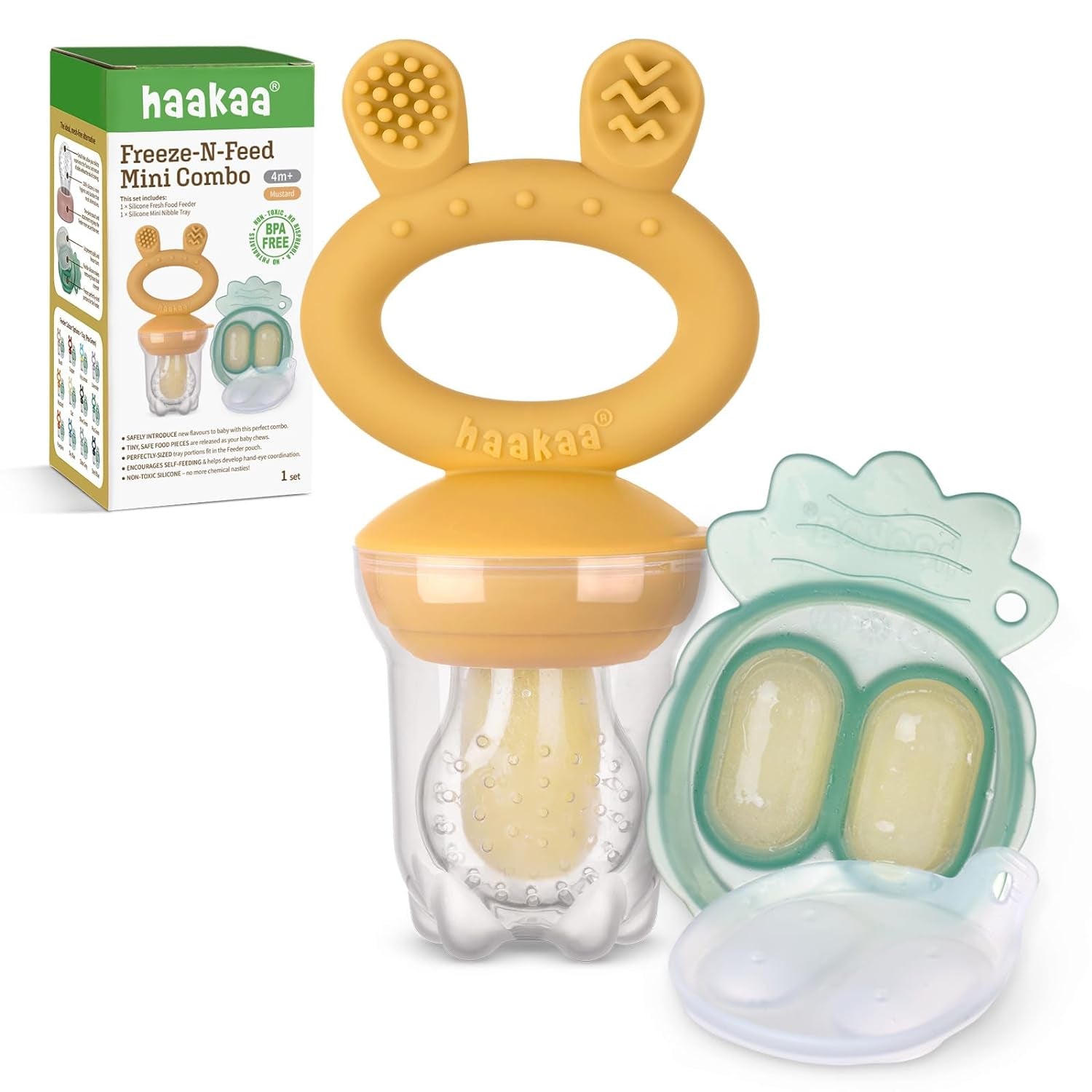 Baby Fruit Food Feeder & Mini Freezer Nibble Tray Combo, Breastmilk Popsicle Molds for Baby Cooling Relief, BPA Free Silicone Feeder for Safe Infant Self Feeding, 4 Month+ (Mustard)