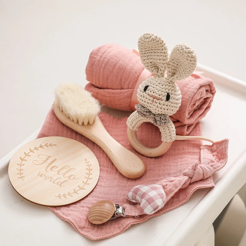 Baby Towel Bath Set Gift Box Cotton Blankets Newborn Milestone Cards Wooden Ring Rabbit Rattle Infant Brush for Baby Birth Gift